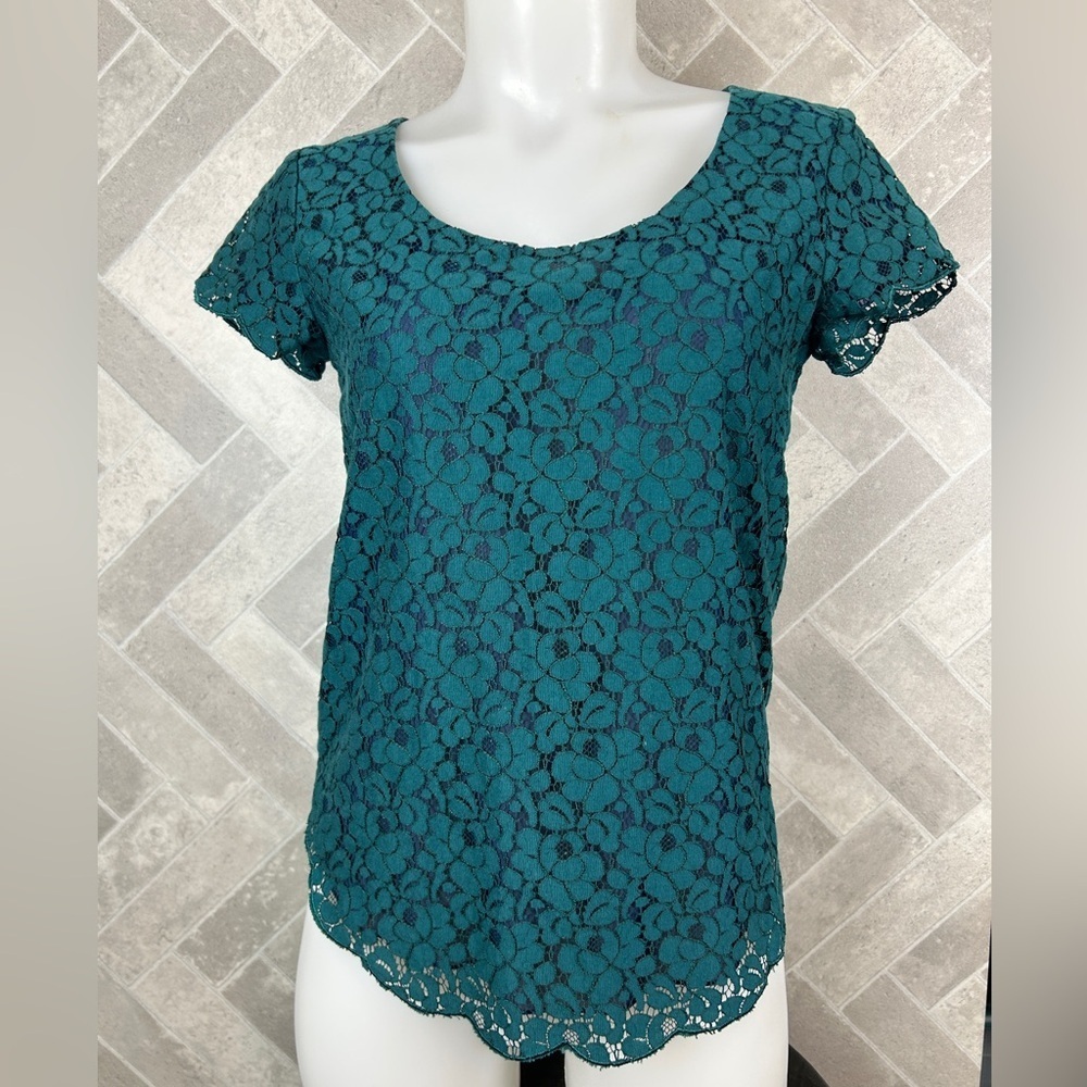 Talulah short sleeve top teal lace over navy button clasp